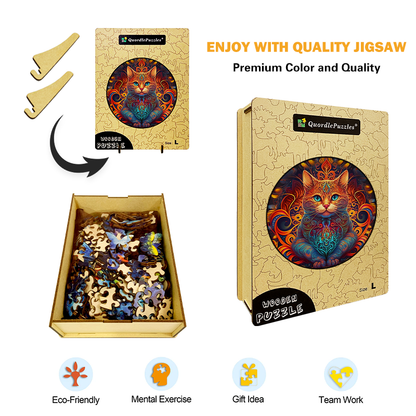 Mandala cat - lord of fire Wooden Jigsaw Puzzle