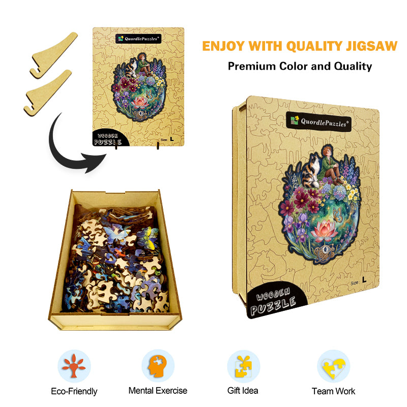 Whimsical Dreamer & Cat Wooden Puzzle