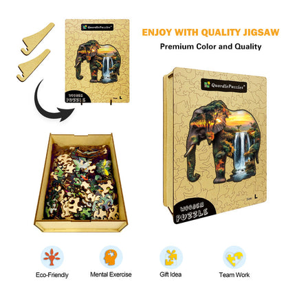 Elephant Inside Waterfall at Sunset Wooden Jigsaw Puzzle