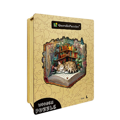 Lazy Cat with Books Wooden Jigsaw Puzzle