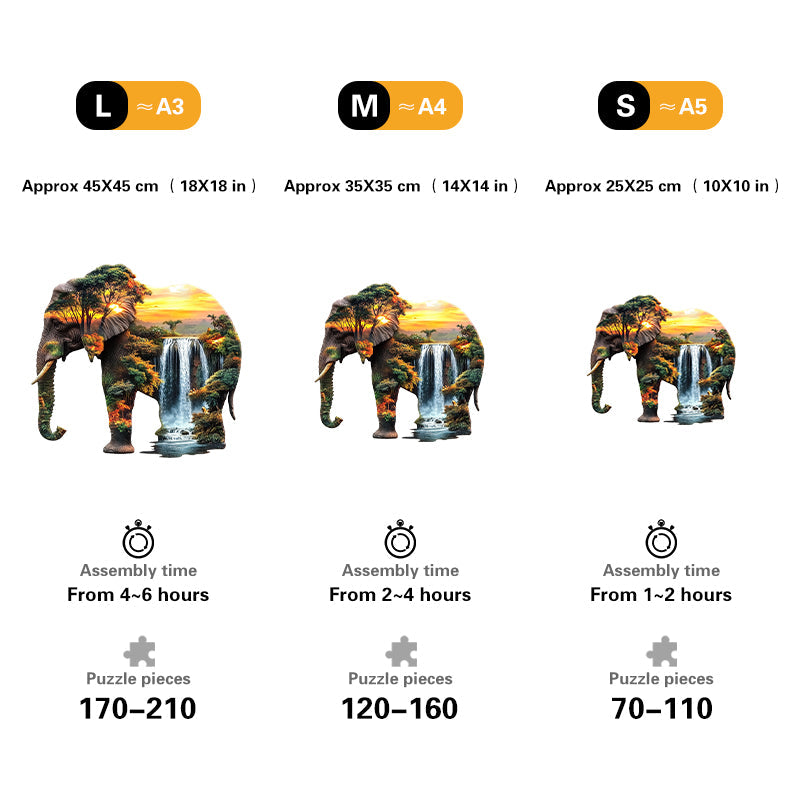 Elephant Inside Waterfall at Sunset Wooden Jigsaw Puzzle