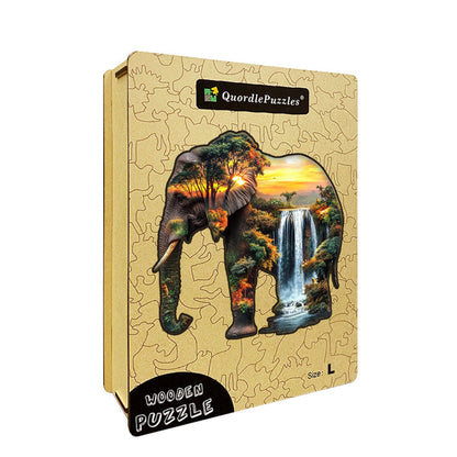 Elephant Inside Waterfall at Sunset Wooden Jigsaw Puzzle