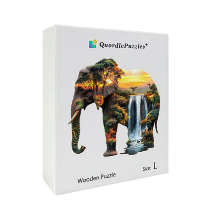 Elephant Inside Waterfall at Sunset Wooden Jigsaw Puzzle