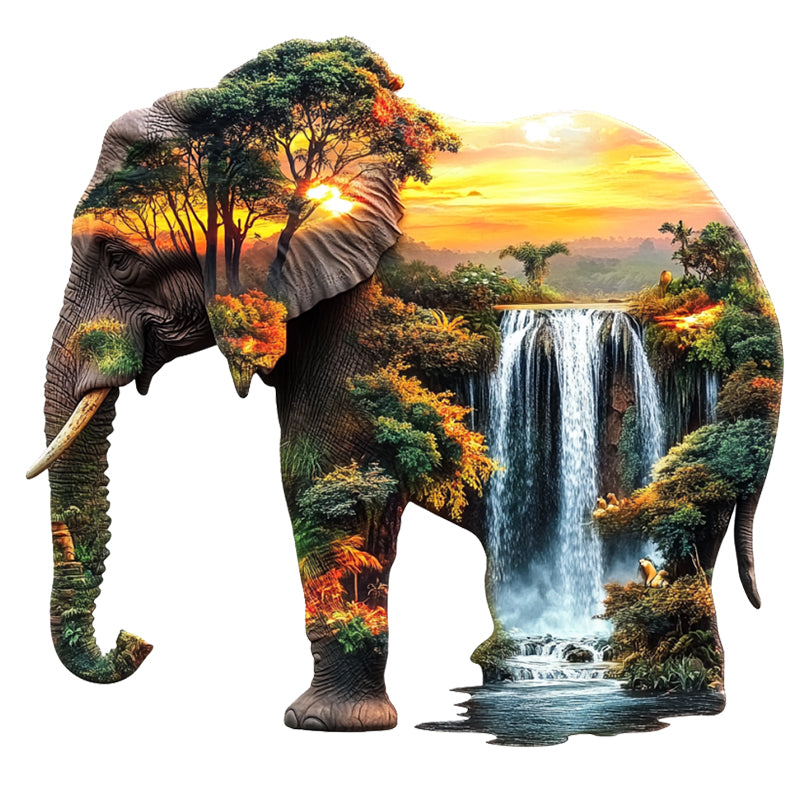 Elephant Inside Waterfall at Sunset Wooden Jigsaw Puzzle