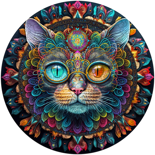 Magic cat mandala Wooden Jigsaw Puzzle