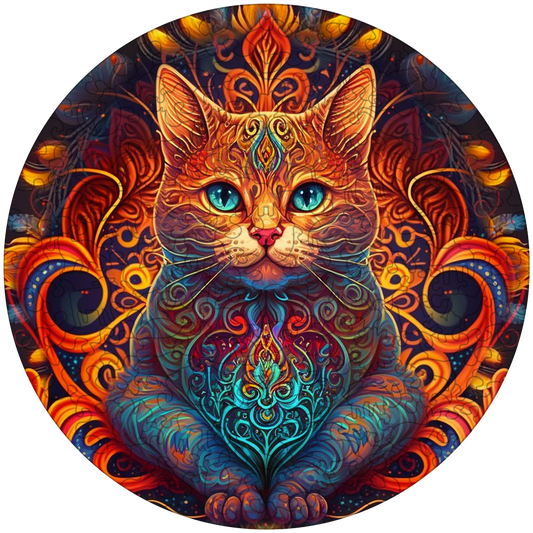 Mandala cat - lord of fire Wooden Jigsaw Puzzle