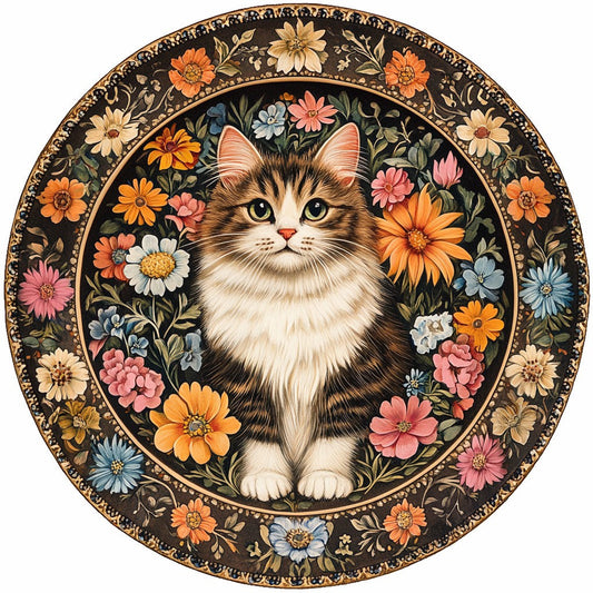Floral Cat Plate Wooden Jigsaw Puzzle