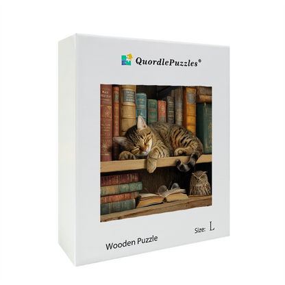 Cat on Bookshelf Wooden Jigsaw Puzzle