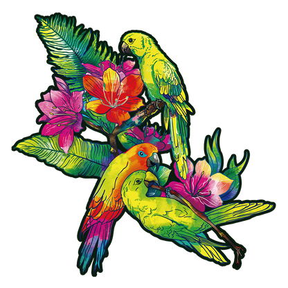 Yellow parrots and exotic flowers Wooden Jigsaw Puzzle