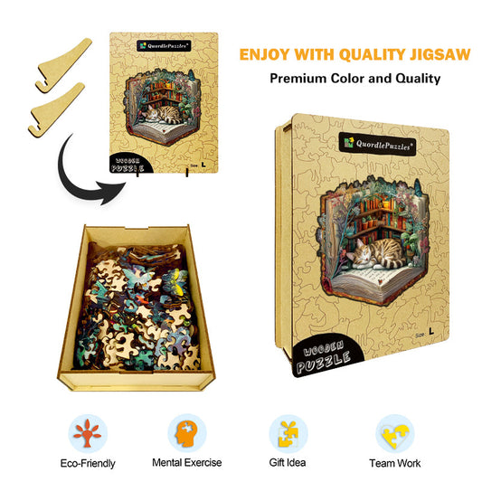 Lazy Cat with Books Wooden Jigsaw Puzzle