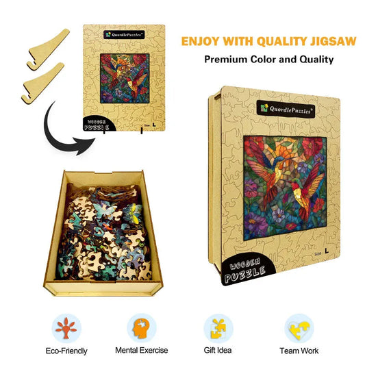 Stained Glass Hummingbird Duo Wooden Jigsaw Puzzle